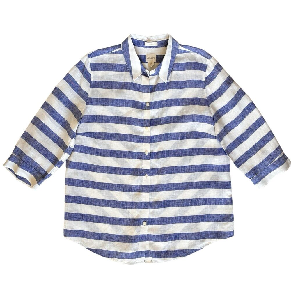 Chicos No Iron Linen Button Down Shirt Blouse. Sz‎ 2 / L Striped 3/4 Sleeve - Picture 7 of 11